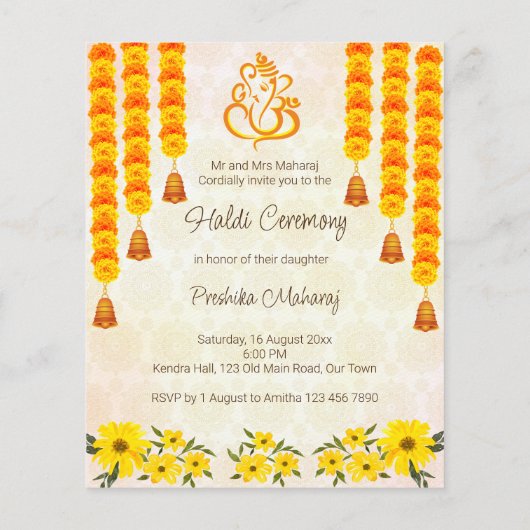マリゴールドかわいいインディアンガールハルディ予算招待状 (裏面)