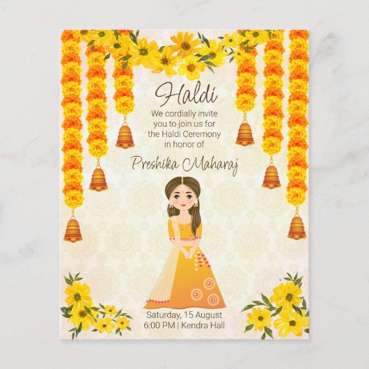 マリゴールドかわいいインディアンガールハルディ予算招待状 (正面)