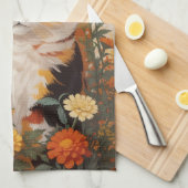 マリゴールドの花が咲く美しい三毛猫 キッチンタオル (四つ折り)