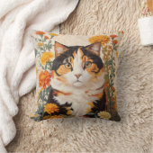 マリゴールドの花が咲く美しい三毛猫 クッション (ブランケット)