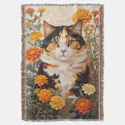 マリゴールドの花が咲く美しい三毛猫 スローブランケット (正面縦)