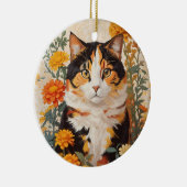 マリゴールドの花が咲く美しい三毛猫 セラミックオーナメント (右)