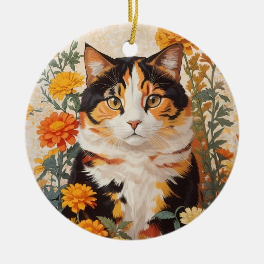 マリゴールドの花が咲く美しい三毛猫 セラミックオーナメント (正面)
