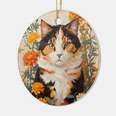 マリゴールドの花が咲く美しい三毛猫 セラミックオーナメント (左)