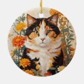 マリゴールドの花が咲く美しい三毛猫 セラミックオーナメント (裏面)