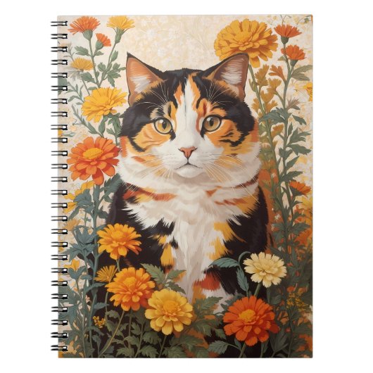 マリゴールドの花が咲く美しい三毛猫 ノートブック (正面)