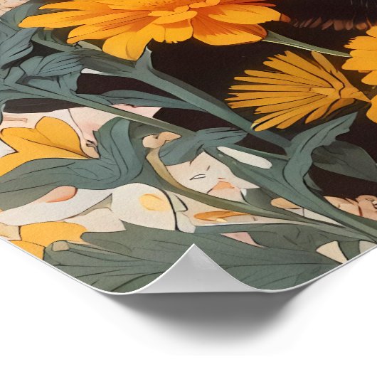 マリゴールドの花が咲く美しい三毛猫 ポスター (角)