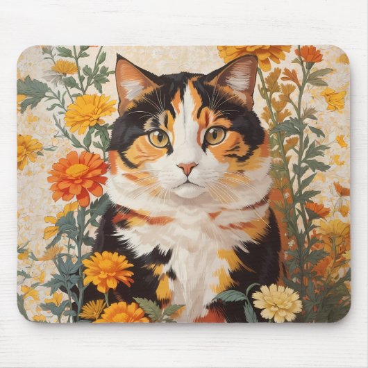 マリゴールドの花が咲く美しい三毛猫 マウスパッド (正面)