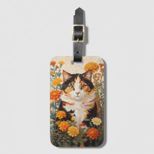 マリゴールドの花が咲く美しい三毛猫 ラゲッジタグ