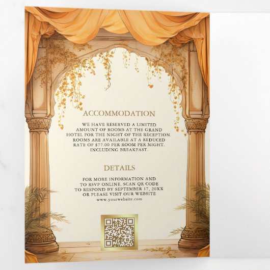 マリゴールドフローライエローサウスインディアンマンダプ結婚ズ 三つ折り招待状 (内部最初)