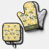 マリゴールド花グリーン葉名前をカスタムする 鍋つかみ&鍋敷きセット (正面/裏面)