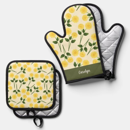 マリゴールド花グリーン葉名前をカスタムする 鍋つかみ&鍋敷きセット (正面/裏面)