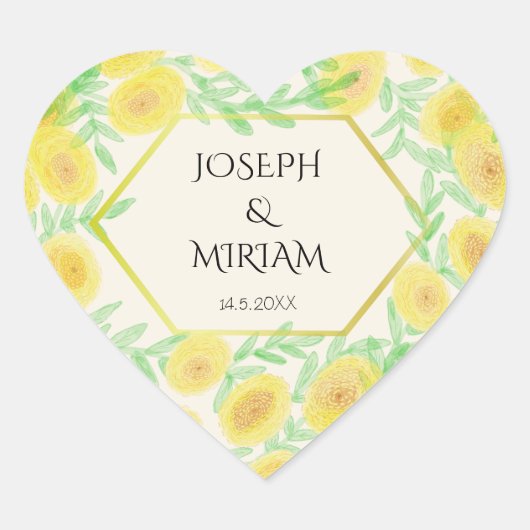 マリゴールド花枠秋結婚のステッカー ハートシール (正面)