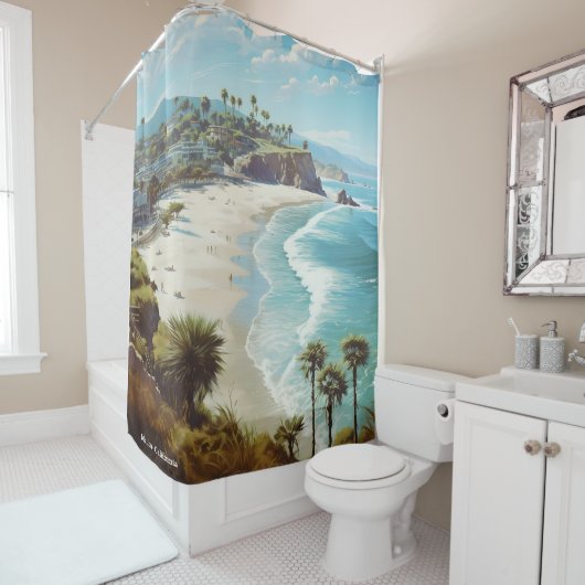マリブカリフォルニアアートヴィンテージイラストレーション旅行 シャワーカーテン (インサイチュ)
