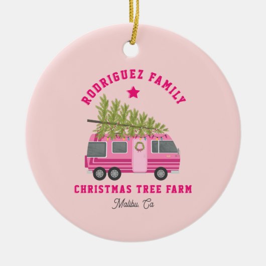 マリブカリフォルニアクリスマスツリーファームRV名ピンク セラミックオーナメント (正面)
