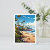 マリブカリフォルニアヴィンテージ旅行イラストレーション ポストカード (スタンド正面)