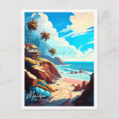 マリブカリフォルニアヴィンテージ旅行イラストレーション ポストカード (正面)