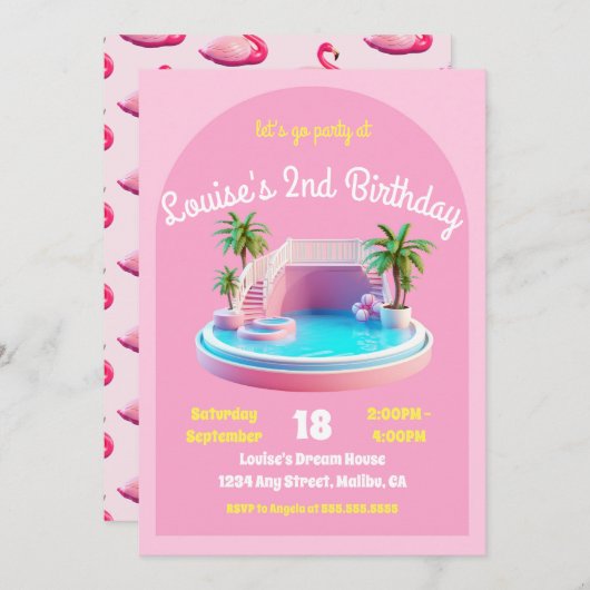 マリブビーチドールレトロ誕生日プールパーティー 招待状 (正面/裏面)