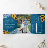 マリブブルーウッドレースひまわり結婚の写真 三つ折り招待状 (内部)