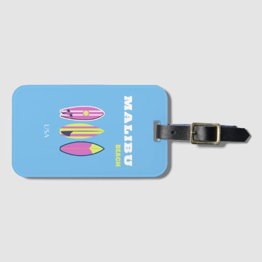 マリブ、マリブビーチ、トロピカル名門私立校風の、ブルー ラゲッジタグ (正面横)