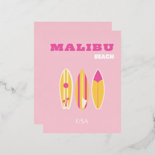 マリブ、マリブビーチ、名門私立校風のピンク 箔シーズンポストカード (正面/裏面)