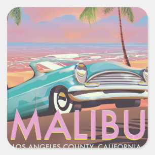 マリブ、ロサンゼルスのカリフォルニア旅行ポスター スクエアシール