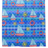 マリンウェーブレッドブルーいかりボートセール船ホイール シャワーカーテン (正面)