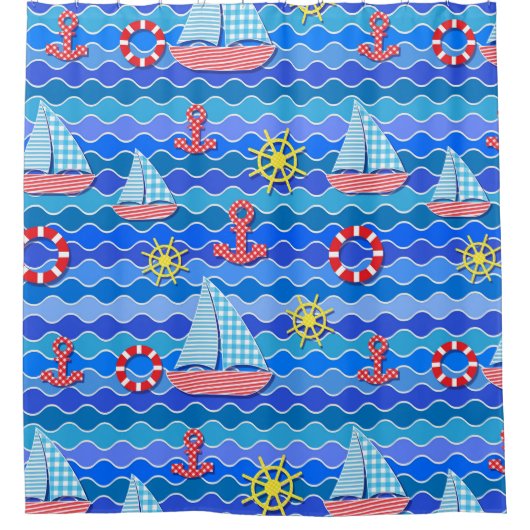 マリンウェーブレッドブルーいかりボートセール船ホイール シャワーカーテン (正面)