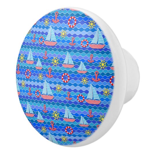 マリンウェーブレッドブルーいかりボートセール船ホイール セラミックノブ (右)