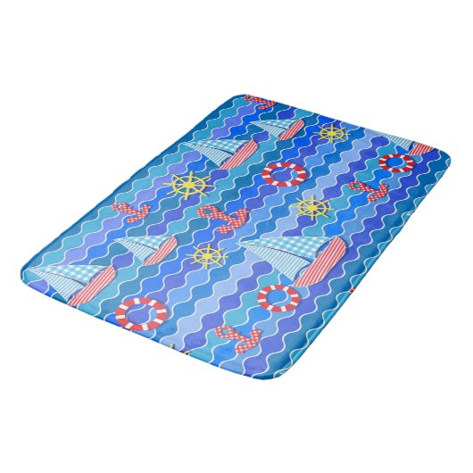 マリンウェーブレッドブルーいかりボートセール船ホイール バスマット (アングル)