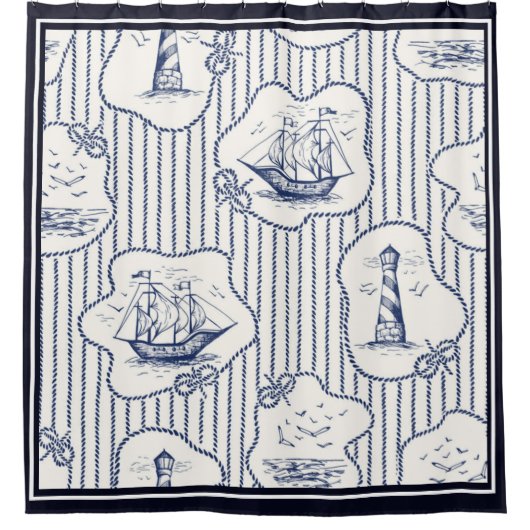 マリンエレメンツブルーホワイトライトハウスシップ シャワーカーテン (正面)