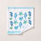 マリンシ航海のーホースカスタムティール(緑がかった色)アクア&ホワイト バスタオルセット (ウォッシュタオル)