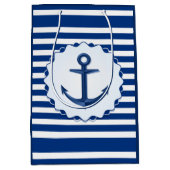 マリンテーマブルーとホワイトストライプいかり付き ミディアムペーパーバッグ (正面)