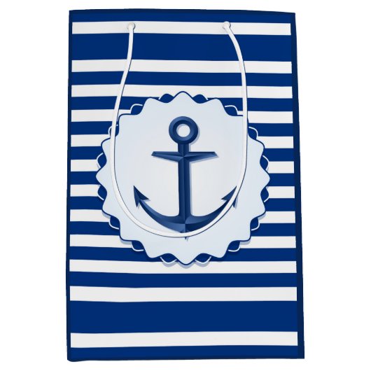 マリンテーマブルーとホワイトストライプいかり付き ミディアムペーパーバッグ (正面)