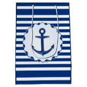 マリンテーマブルーとホワイトストライプいかり付き ミディアムペーパーバッグ (裏面)