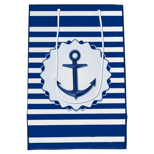 マリンテーマブルーとホワイトストライプいかり付き ミディアムペーパーバッグ (裏面)