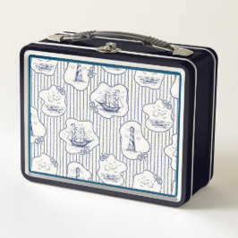 マリンテーマブルーストライプホワイトライトハウスシップ メタルランチボックス