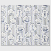 マリンテーマブルーストライプホワイトライトハウスシップ ラッピングペーパー (フラット)