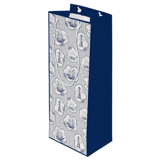 マリンテーマブルーストライプホワイトライトハウスシップ ワインギフトバッグ (裏面アングル)