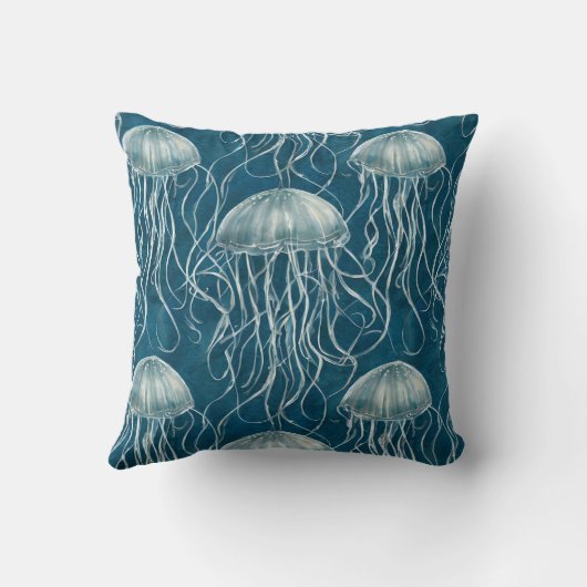 マリンブルーとホワイトゼリーの魚のパターン クッション (裏面)