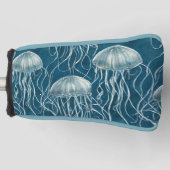 マリンブルーとホワイトゼリーの魚のパターン ゴルフヘッドカバー (正面)