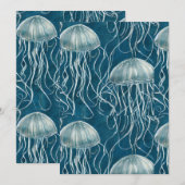 マリンブルーとホワイトゼリーの魚のパターン シーズンカード (正面/裏面)