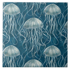 マリンブルーとホワイトゼリーの魚のパターン タイル