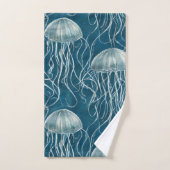 マリンブルーとホワイトゼリーの魚のパターン バスタオルセット (ハンドタオル)