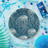 マリンブルーとホワイトゼリーの魚のパターン ペーパープレート (パーティー)