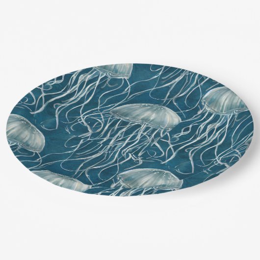 マリンブルーとホワイトゼリーの魚のパターン ペーパープレート (アングル)