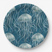 マリンブルーとホワイトゼリーの魚のパターン ペーパープレート (正面)