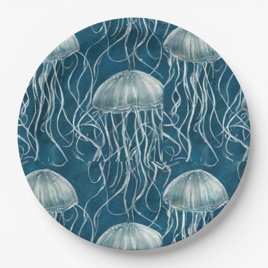 マリンブルーとホワイトゼリーの魚のパターン ペーパープレート (正面)