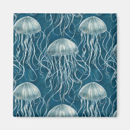 マリンブルーとホワイトゼリーの魚のパターン マグネット