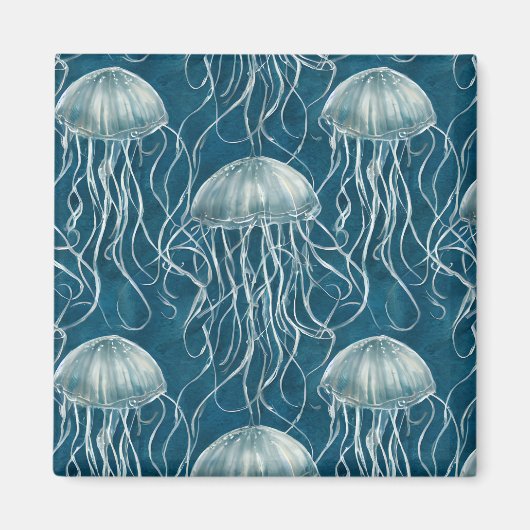 マリンブルーとホワイトゼリーの魚のパターン マグネット (正面)